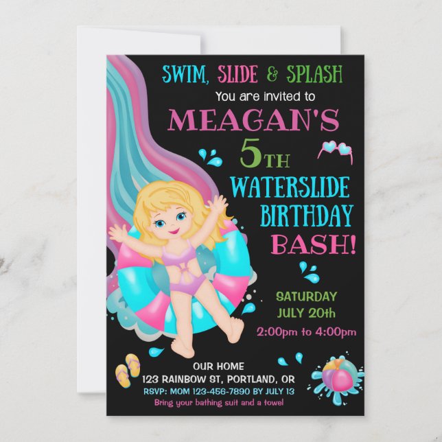 Invitation Fête de piscine pour filles avec un toboggan (Devant)