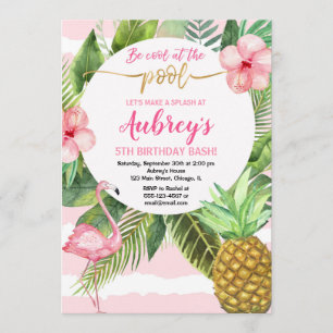 Invitation Fête de piscine, rose tropicale, fille or