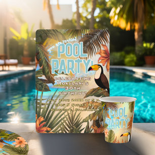 Invitation Fête de piscine tropicale toucan tiki adulte vinta
