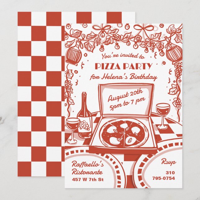 Invitation Fête de pizza italienne illustrée (Devant / Derrière)