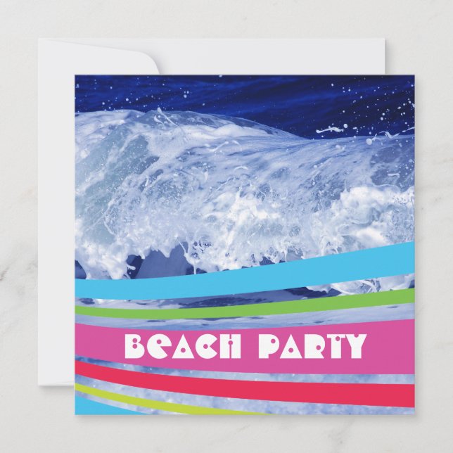 Invitation Fête de plage à l'océan à l'eau salée rayée rose (Devant)