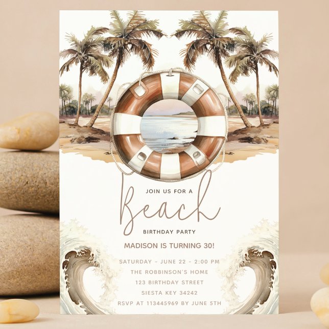 Invitation Fête de plage Anniversaire Pastel Bouée de sable (Créateur téléchargé)