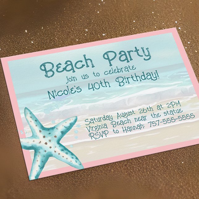 Invitation Fête de plage aux étoiles de mer Aqua et rose aqua (Starfish beach party invitations, cheerful & casual for Summer fun)