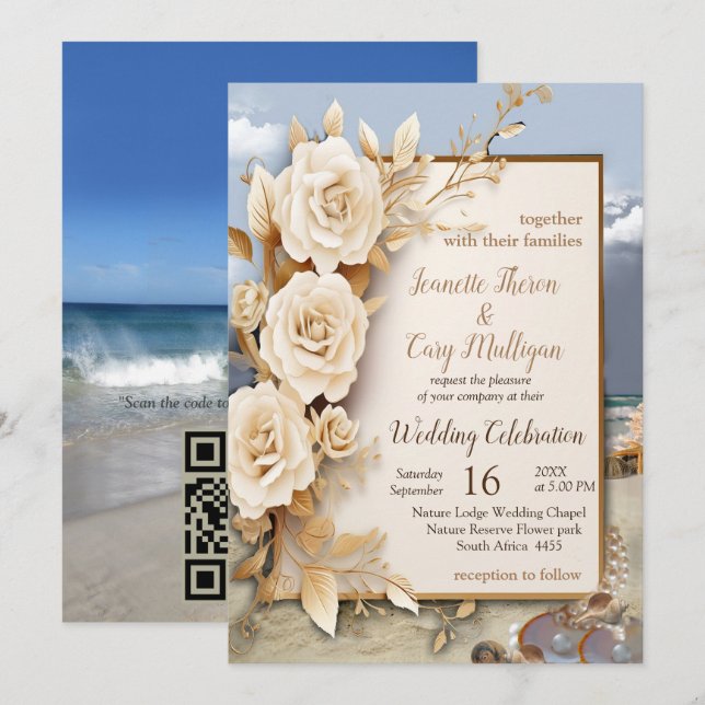 Invitation Fête de plage avec fleurs blanches et perles (Devant / Derrière)
