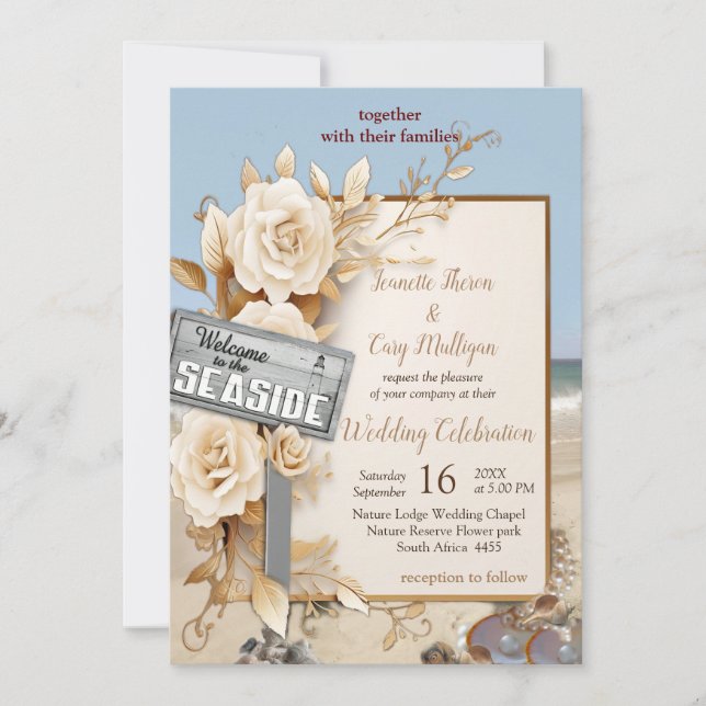 Invitation Fête de plage avec fleurs blanches et perles (Devant)