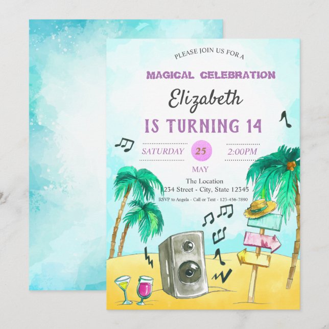 Invitation Fête de plage cool Anniversaire (Devant / Derrière)