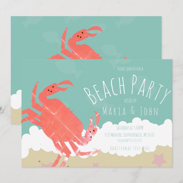 Invitation Fête de plage Crabe Sable Vagues océaniques (Devant / Derrière)