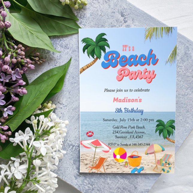 Invitation Fête de plage de filles, anniversaire de plage d'é (Créateur téléchargé)