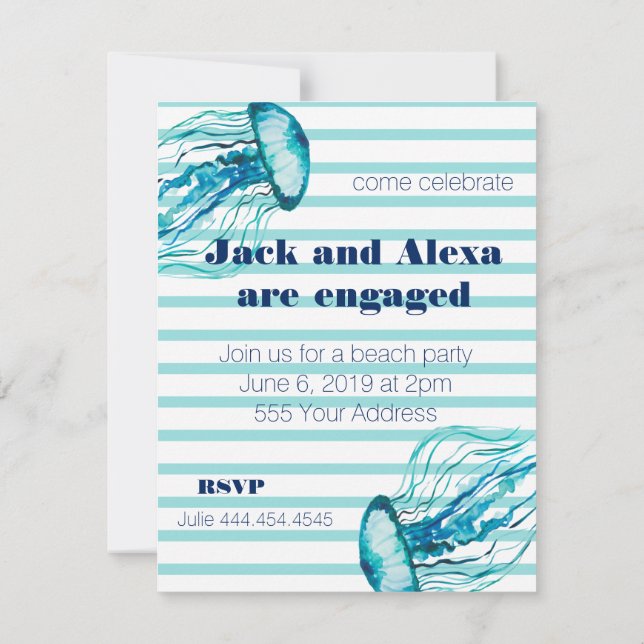 Invitation Fête de plage de méduses à l'aquarelle avec des ra (Dos)