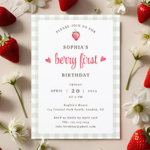 Invitation Fête de premier anniversaire à la fraise aquarelle