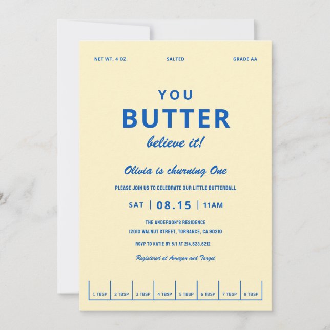 Invitation Fête de premier anniversaire Butter Believe It (Devant)