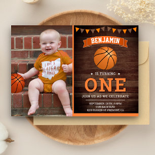 Invitation Fête de premier anniversaire de basketball en bois