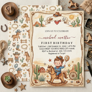 Invitation Fête de premier anniversaire de cow-boy vintage oc