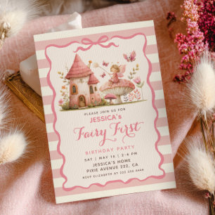 Invitation Fête de premier anniversaire de la fée rose de la