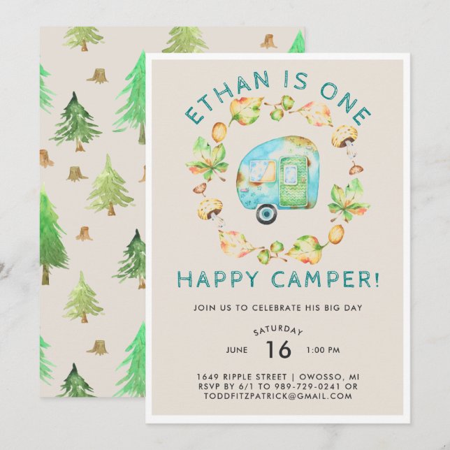 Invitation Fête de premier anniversaire One Happy Camper (Devant / Derrière)