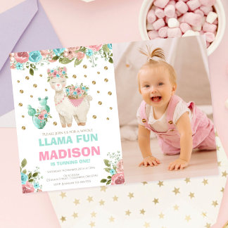 Invitation Fête de première année de fille Fun Pink Mint Flor