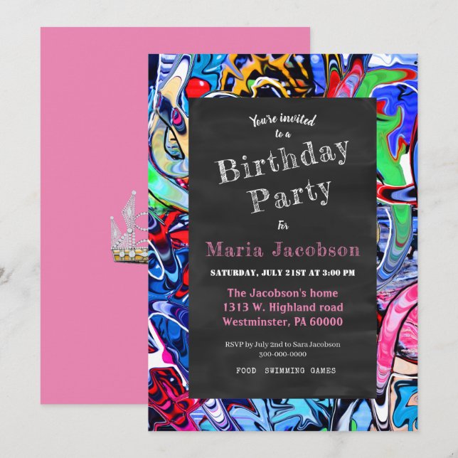 Invitation Fête de princesse en carton grisé (Devant / Derrière)