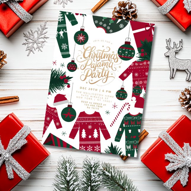 Invitation Fête de pyjama de Noël Classique Rouge Vert (Créateur téléchargé)