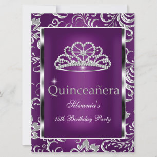 Invitation Fête de Quinceañera 15 ans Violet prune damas arge