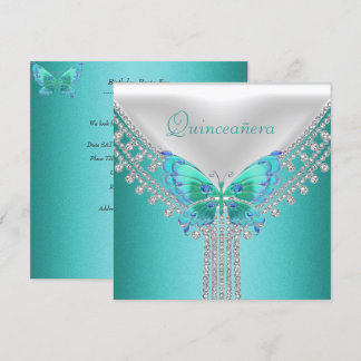 Invitation Fête de Quinceañera Anniversaire Bleu Blanc Papill