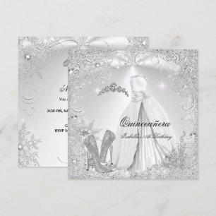 Invitation Fête de Quinceañera Blanc Argent Flocons de Neige