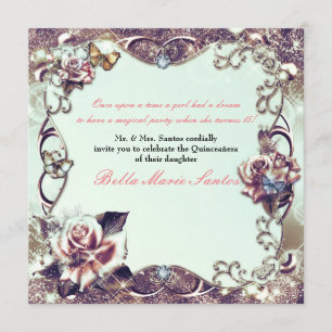 Invitation Fête de Quinceañera Bronze Roses & Papillons