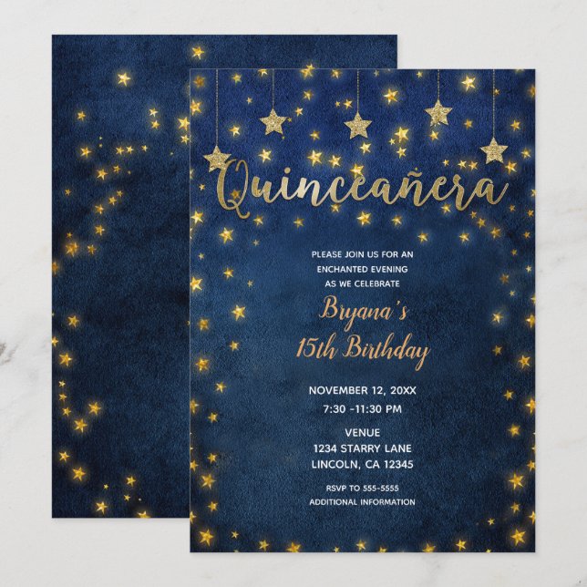 Invitation Fête de Quinceañera Ciel Céleste Étoiles Bleues et (Devant / Derrière)