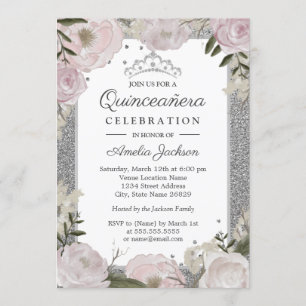 Invitation Fête de Quinceañera Étincelle Rose Argent Floral