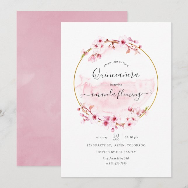 Invitation Fête de quinceañera géométrique rose fleur de ceri (Devant / Derrière)