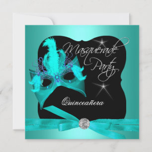 Invitation Fête de Quinceanera Mascarade Bleu Canard Noir