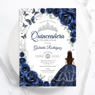 Invitation Fête de Quinceañera Navy Floral Argent