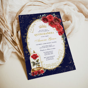 Invitation Fête de Quinceañera Navy Or Rose Rouge Enchantée