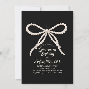 Invitation Fête de Quinceañera Noir et Blanc Ruban de Perle