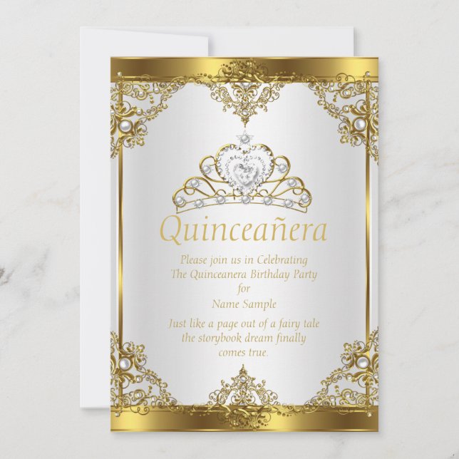 Invitation Fête de Quinceañera Princesse Perle Blanc Doré (Devant)