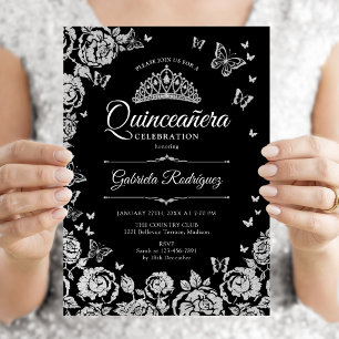 Invitation Fête de Quinceanera Roses Argentées Papillons Noir