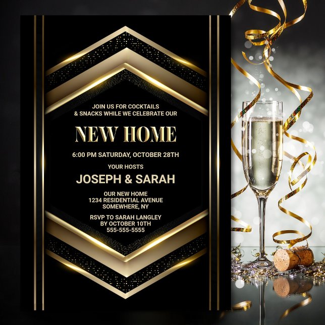 Invitation Fête de réchauffement de la maison en or noir (Créateur téléchargé)