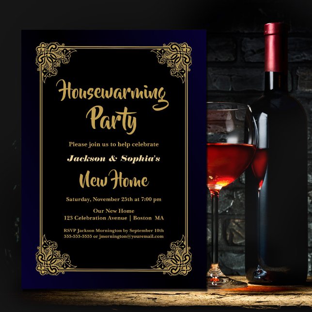 Invitation Fête de réchauffement domestique noir et or (Créateur téléchargé)