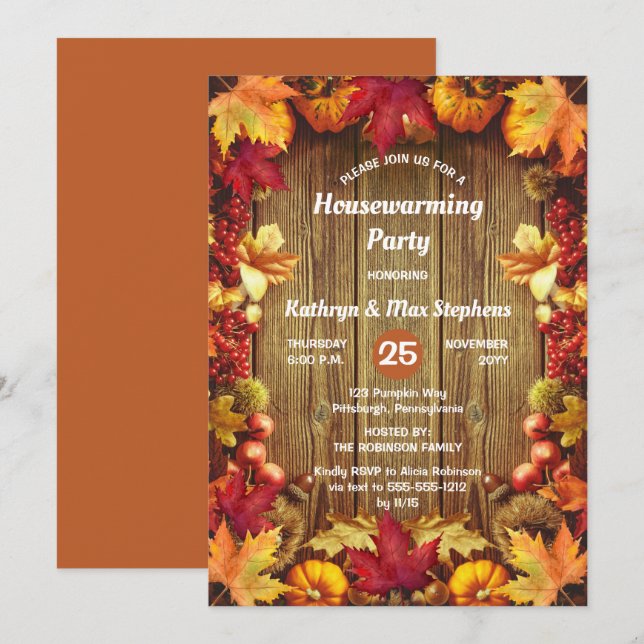 Invitation Fête de réchauffement ménager - Feuilles d'automne (Devant / Derrière)