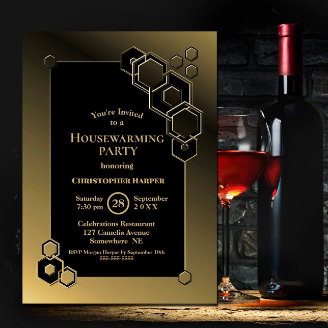 Invitation Fête de réchauffement ménager géométrique noir et  (Créateur téléchargé)