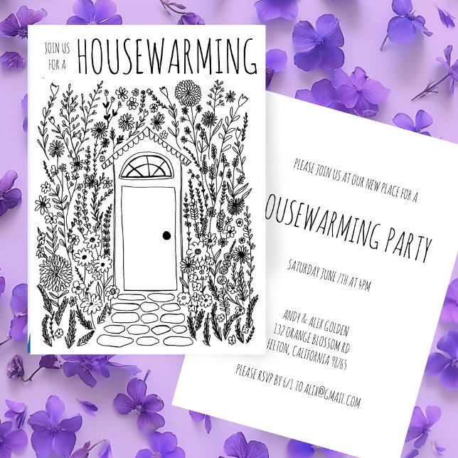 Invitation FÊTE DE RÉCHAUFFEMENT Porte de jardin Doodle tiré  (HOUSEWARMING PARTY Garden Door Hand Drawn Doodle Invitation Black and White line art
)