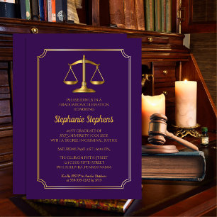 Invitation Fête de remise de diplôme d'avocat en violet or él
