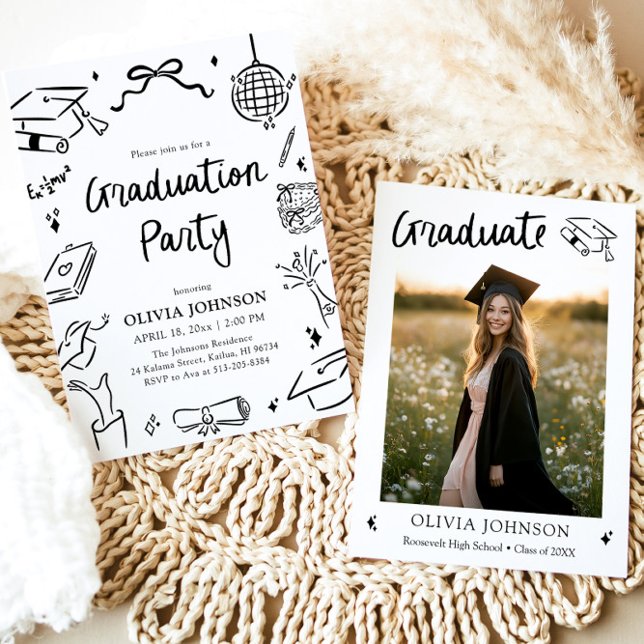 Invitation Fête de remise de diplômes avec arc moderne dessin (Modern Whimsical Hand Drawn Bow Graduation Party Invitation)