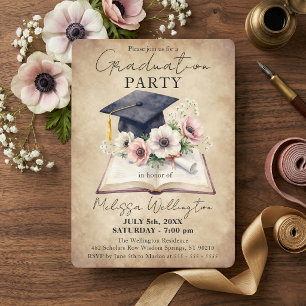 Invitation Fête de remise de diplômes avec livre ouvert et ca