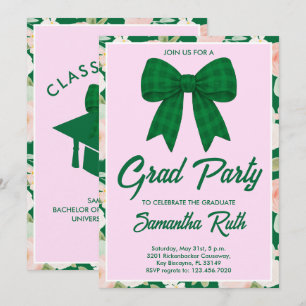 Invitation Fête de remise de diplômes avec ruban gingham vert
