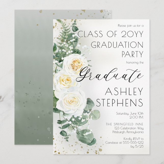 Invitation Fête de remise de diplômes Boho White Roses Eucaly (Devant / Derrière)
