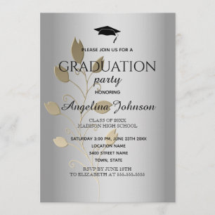Invitation Fête de Remise de Diplômes Élégante Or et Argent