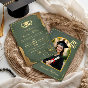 Invitation Fête de remise de diplômes élégante verte et dorée
