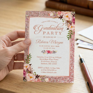Invitation Fête de remise de diplômes Floral Rose Gold Paille