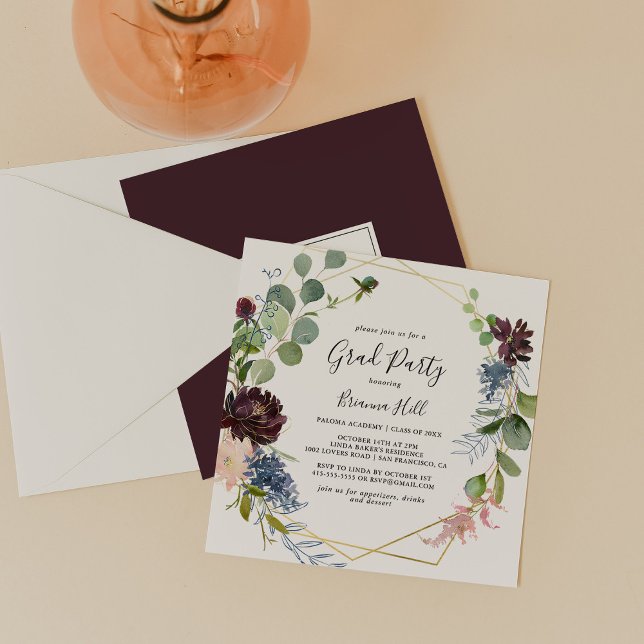 Invitation Fête de remise de diplômes géométrique or Bourgogn (Créateur téléchargé)