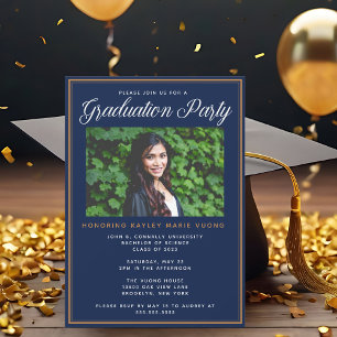 Invitation Fête de remise des diplômes chic bleu marine or